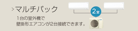 1台の室外機にココタスが1～２台接続できるマルチエアコン「ココタスパック」が新登場。